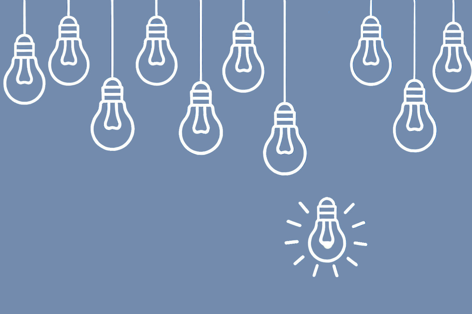 White light bulbs on a blue background with one illuminated.