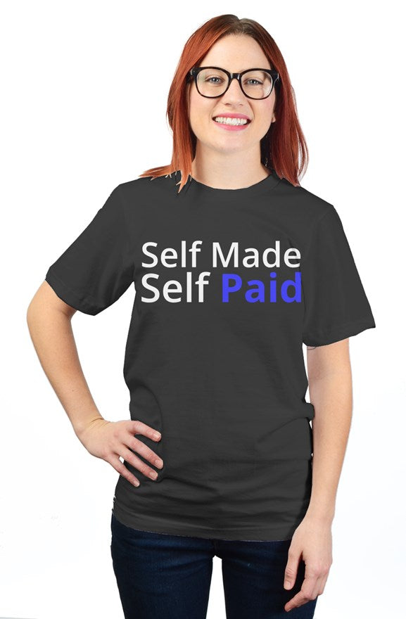 "Self Made Self Paid" Unisex T Shirt with White & Blue Lettering
